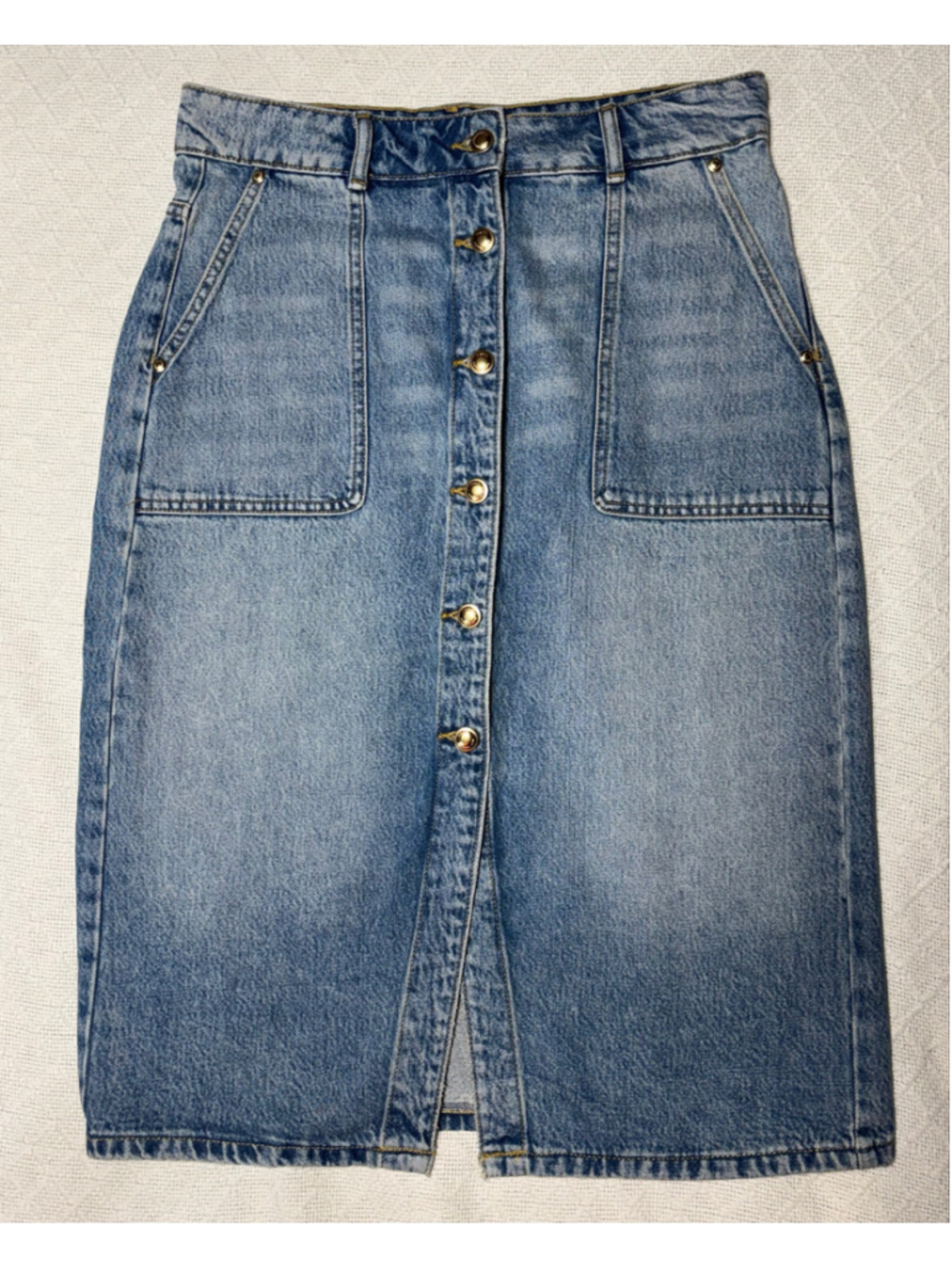 Michael Michael Kors Button-Front Denim Midi Skirt Sz 8 EUC Utility Casual Chic